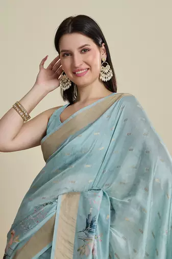 Sky blue printed cotton silk saree with blouse piece