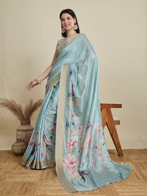 Sky blue printed cotton silk saree with blouse piece 3