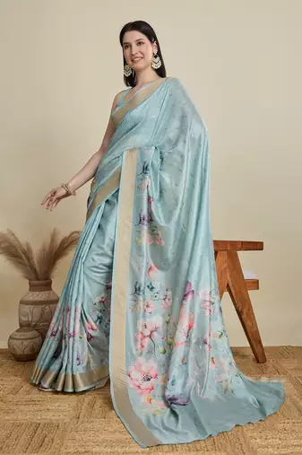 Sky blue printed cotton silk saree with blouse piece