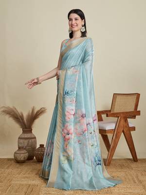 Sky blue printed cotton silk saree with blouse piece 4