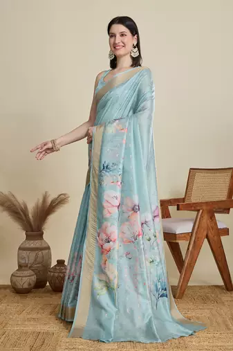 Sky blue printed cotton silk saree with blouse piece