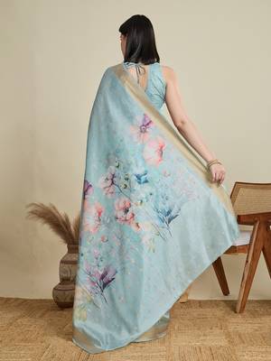 Sky blue printed cotton silk saree with blouse piece 5