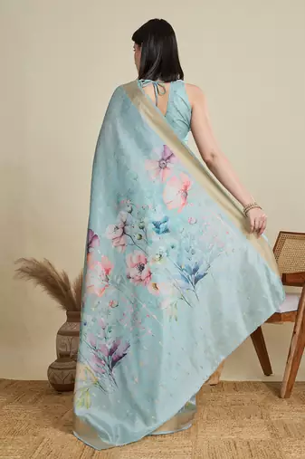 Sky blue printed cotton silk saree with blouse piece