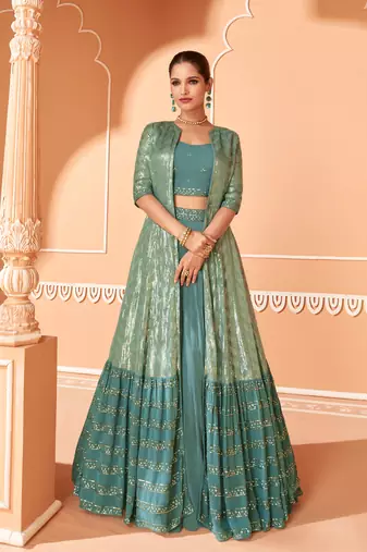 Teal green embroidered & sequins work georgette blouse suit with jacket