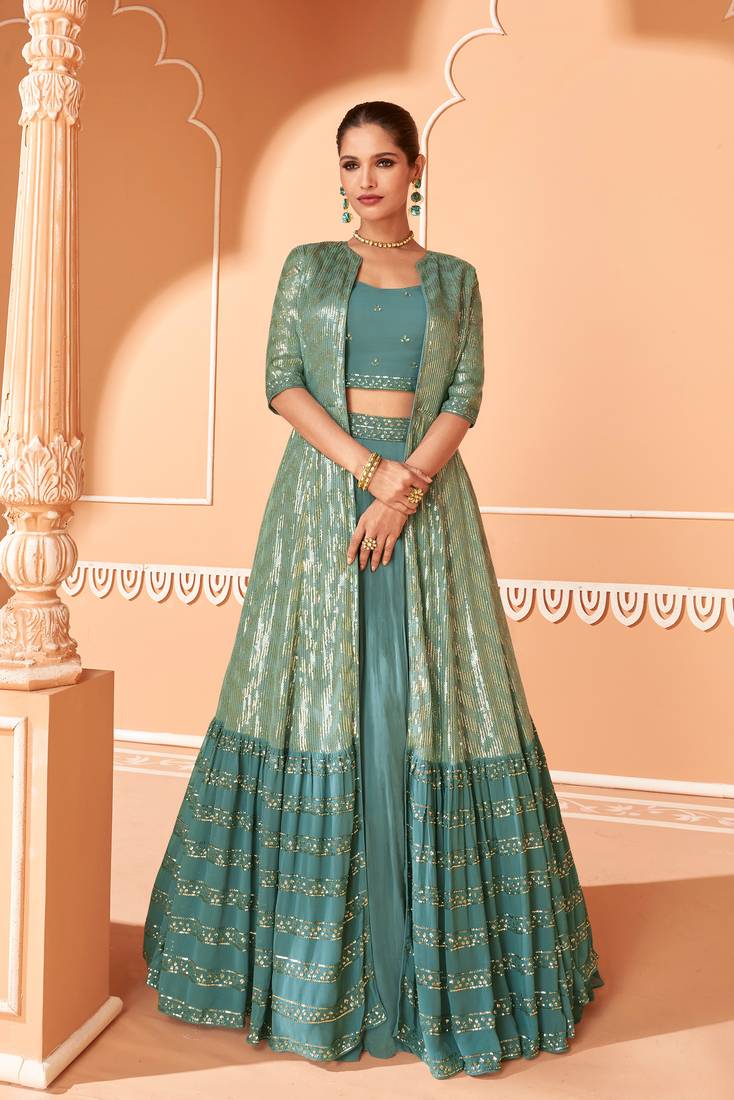 Teal green embroidered & sequins work georgette blouse suit with jacket