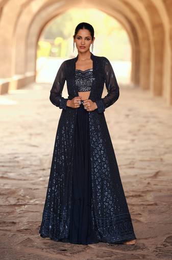 Blue embroidery, mirror & sequins work georgette blouse lehenga suit with jacket