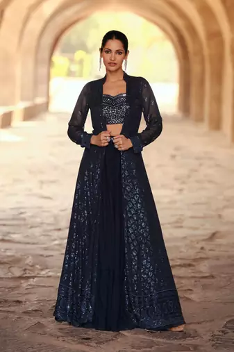 Blue embroidery, mirror & sequins work georgette blouse lehenga suit with jacket