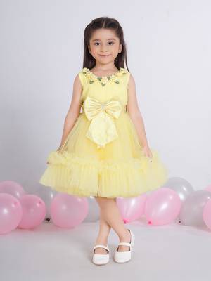Yellow 3d floral applique solid party frock 1