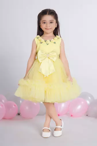 Yellow 3d floral applique solid party frock