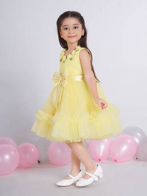 Yellow 3d floral applique solid party frock 2