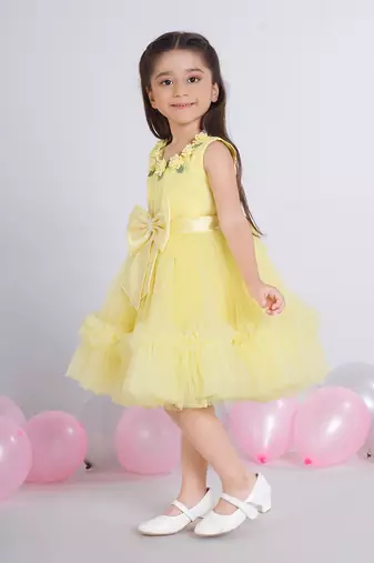 Yellow 3d floral applique solid party frock