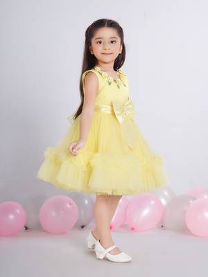 Yellow 3d floral applique solid party frock 3