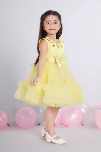 Yellow 3d floral applique solid party frock