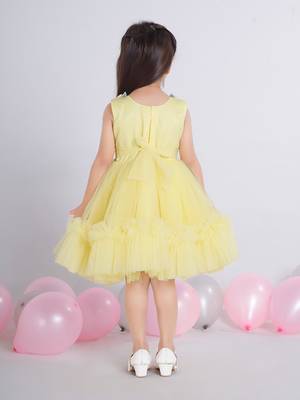 Yellow 3d floral applique solid party frock 4