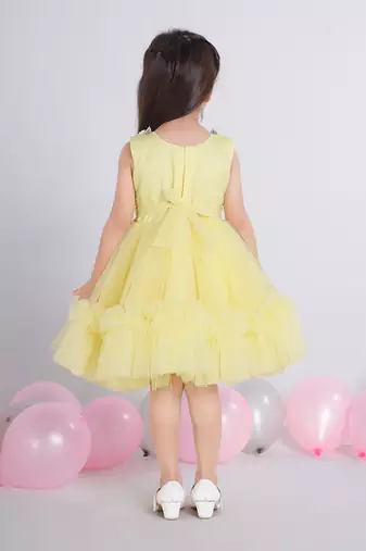Yellow 3d floral applique solid party frock