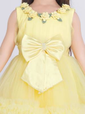 Yellow 3d floral applique solid party frock 5