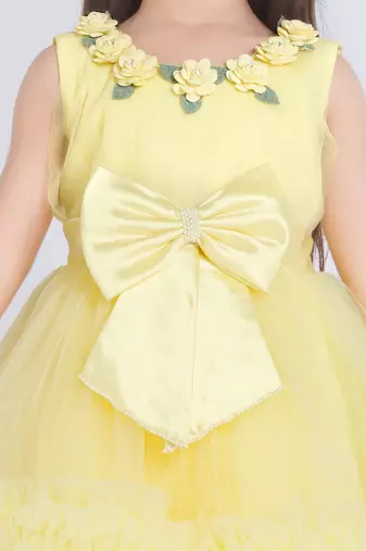 Yellow 3d floral applique solid party frock