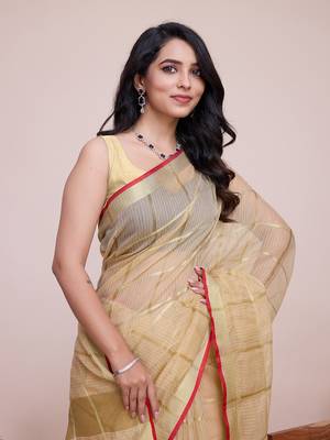 Beige woven cotton silk kota saree with blouse piece 2