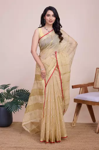 Beige woven cotton silk kota saree with blouse piece