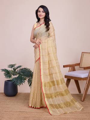 Beige woven cotton silk kota saree with blouse piece 4