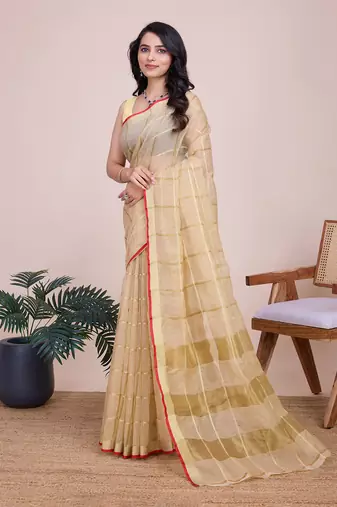 Beige woven cotton silk kota saree with blouse piece