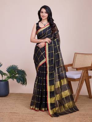 Black woven cotton silk kota saree with blouse piece 1