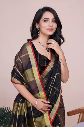 Black woven cotton silk kota saree with blouse piece