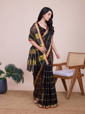 Black woven cotton silk kota saree with blouse piece 3