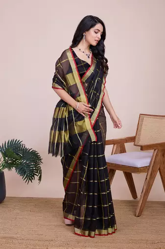 Black woven cotton silk kota saree with blouse piece