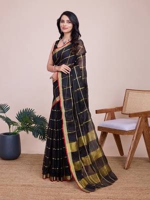 Black woven cotton silk kota saree with blouse piece 4