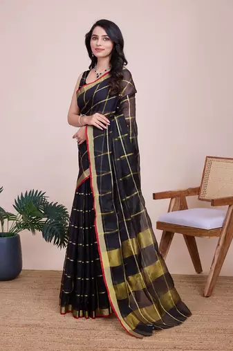 Black woven cotton silk kota saree with blouse piece