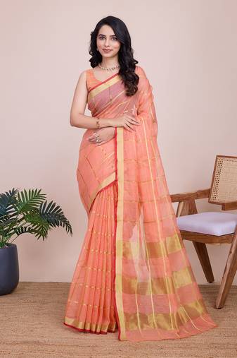Peach woven cotton silk kota saree with blouse piece