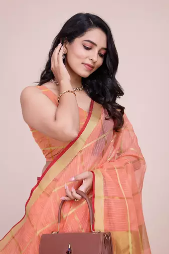 Peach woven cotton silk kota saree with blouse piece