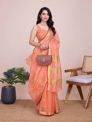 Peach woven cotton silk kota saree with blouse piece 3