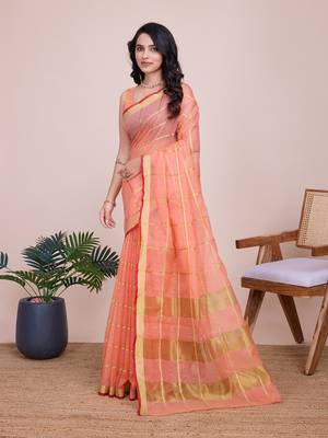 Peach woven cotton silk kota saree with blouse piece 4