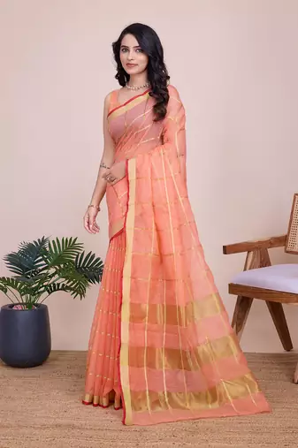 Peach woven cotton silk kota saree with blouse piece