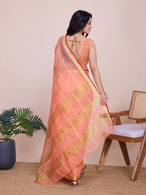 Peach woven cotton silk kota saree with blouse piece 5