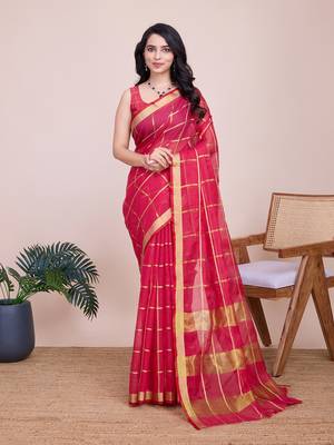 Pink woven cotton silk kota saree with blouse piece 1