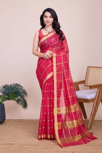 Pink woven cotton silk kota saree with blouse piece