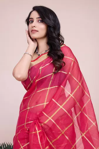 Pink woven cotton silk kota saree with blouse piece