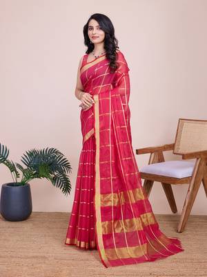 Pink woven cotton silk kota saree with blouse piece 4
