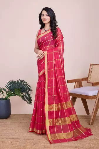 Pink woven cotton silk kota saree with blouse piece