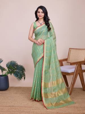 Green woven cotton silk kota saree with blouse piece 1