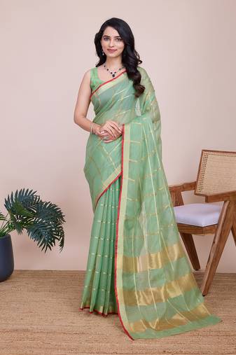 Green woven cotton silk kota saree with blouse piece