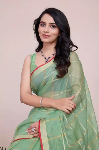 Green woven cotton silk kota saree with blouse piece