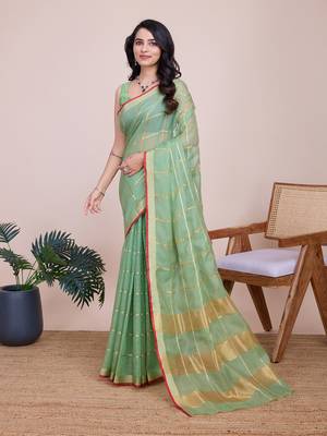 Green woven cotton silk kota saree with blouse piece 4