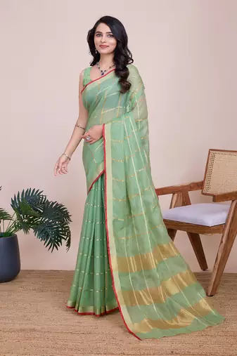 Green woven cotton silk kota saree with blouse piece