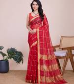 Red woven cotton silk kota saree with blouse piece