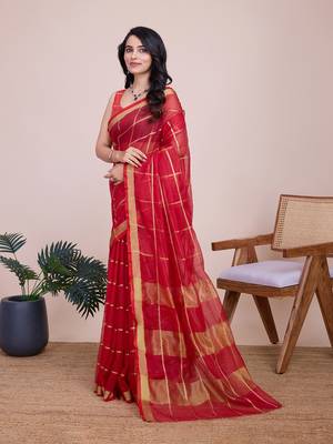 Red woven cotton silk kota saree with blouse piece 4