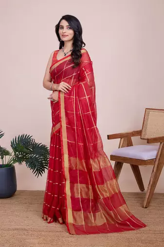 Red woven cotton silk kota saree with blouse piece